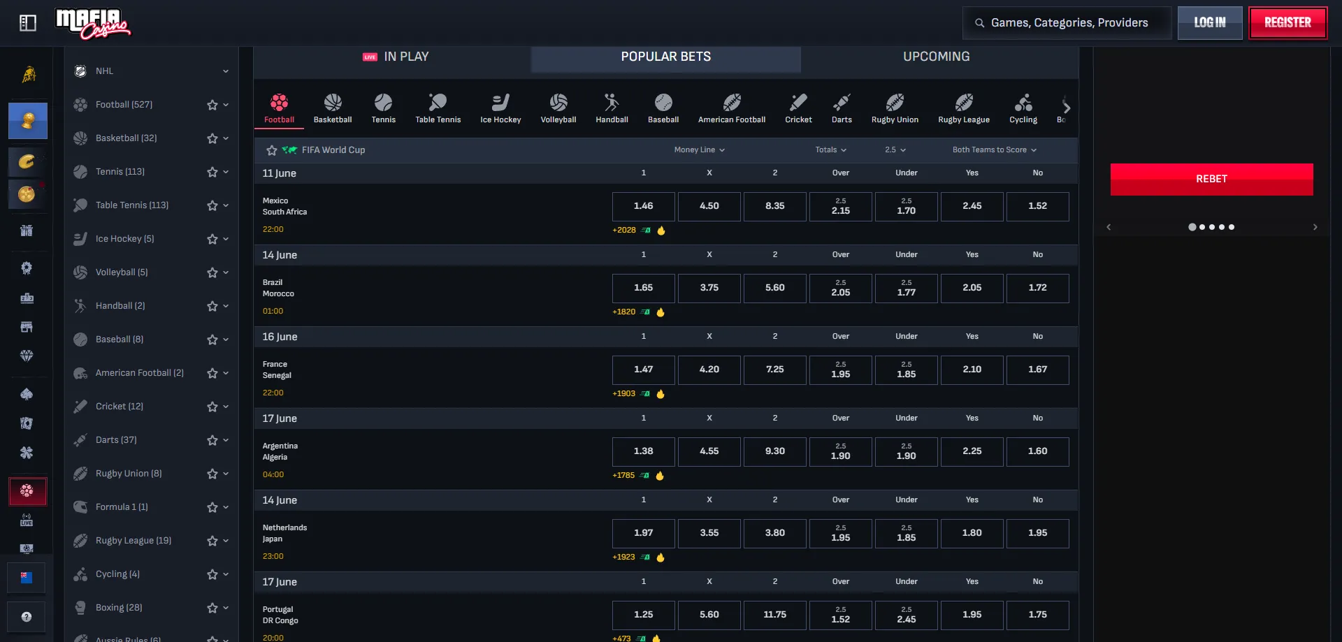 Mafia Casino sports betting and live betting for NZ players